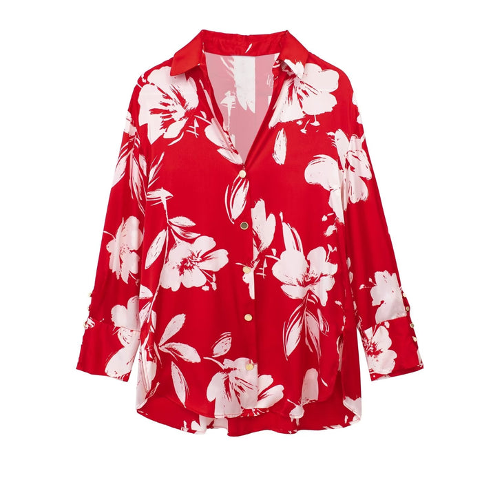 Color-Spring Summer Women Silk Satin Texture Button Decoration Red Floral Print Shirt-Fancey Boutique