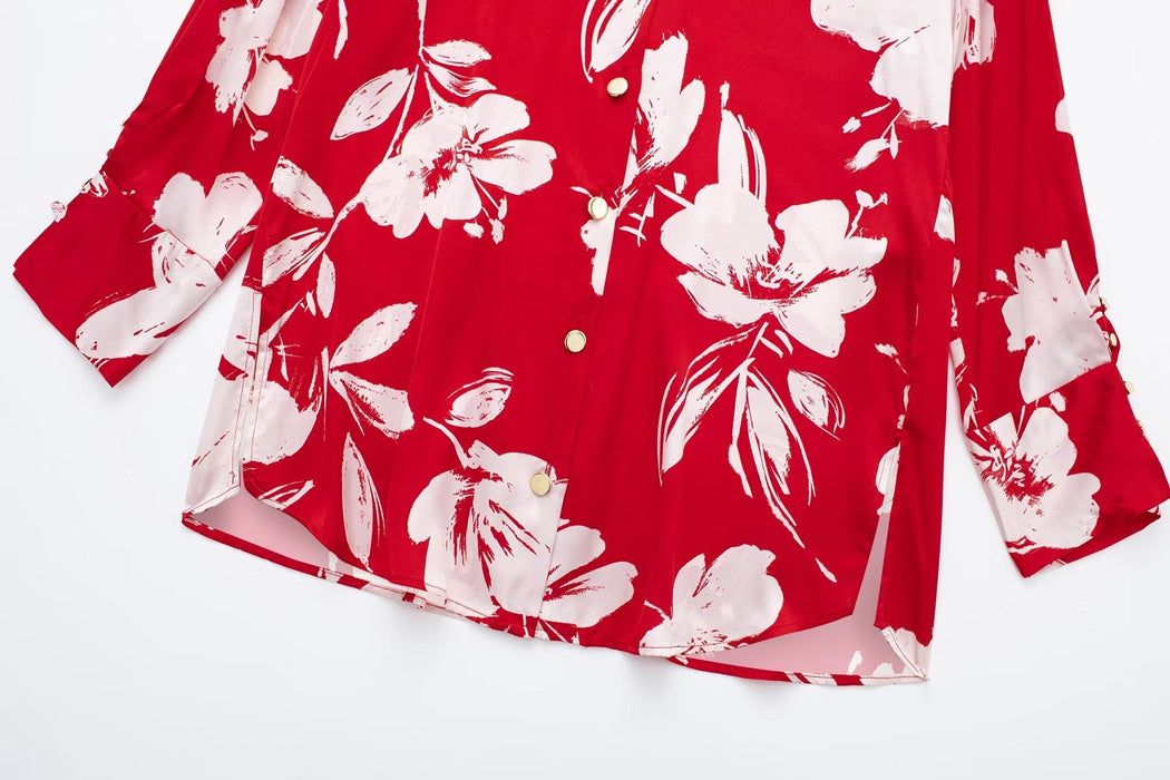 Color-Spring Summer Women Silk Satin Texture Button Decoration Red Floral Print Shirt-Fancey Boutique