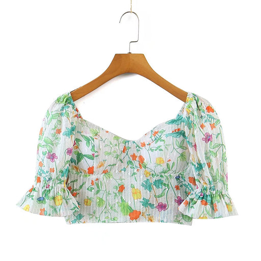 Color-F00171678 Summer Wind Women Floral Chest Pad Short Sleeve Shirt-Fancey Boutique