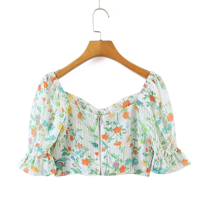 Color-F00171678 Summer Wind Women Floral Chest Pad Short Sleeve Shirt-Fancey Boutique