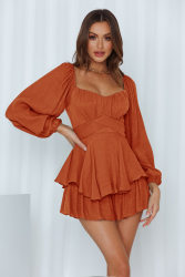 Color-Solid Color Women Autumn Clothes Square Collar Lantern Long Sleeve One-Piece Ruffled Romper-Fancey Boutique