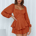 Color-Solid Color Women Autumn Clothes Square Collar Lantern Long Sleeve One-Piece Ruffled Romper-Fancey Boutique