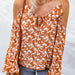 Color-Orange Tie Neck Cold Shoulder Flare Sleeve Floral Blouse-Fancey Boutique