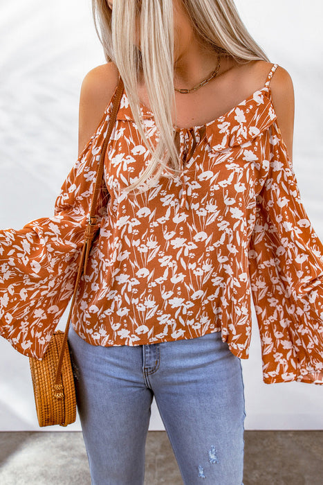 Color-Orange Tie Neck Cold Shoulder Flare Sleeve Floral Blouse-Fancey Boutique