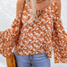 Color-Orange Tie Neck Cold Shoulder Flare Sleeve Floral Blouse-Fancey Boutique