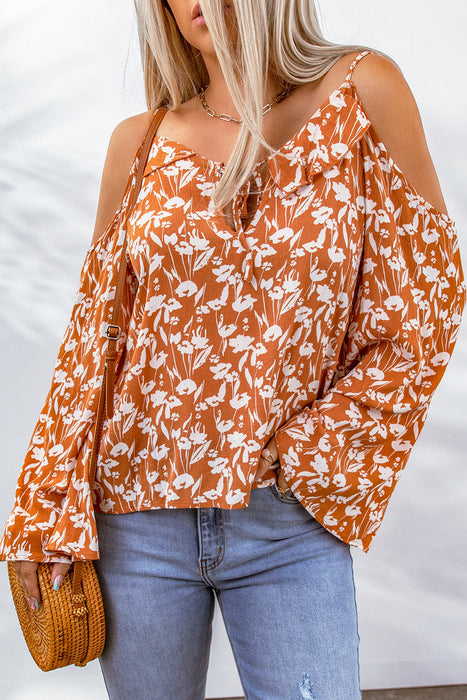 Color-Orange Tie Neck Cold Shoulder Flare Sleeve Floral Blouse-Fancey Boutique