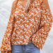 Color-Orange Tie Neck Cold Shoulder Flare Sleeve Floral Blouse-Fancey Boutique