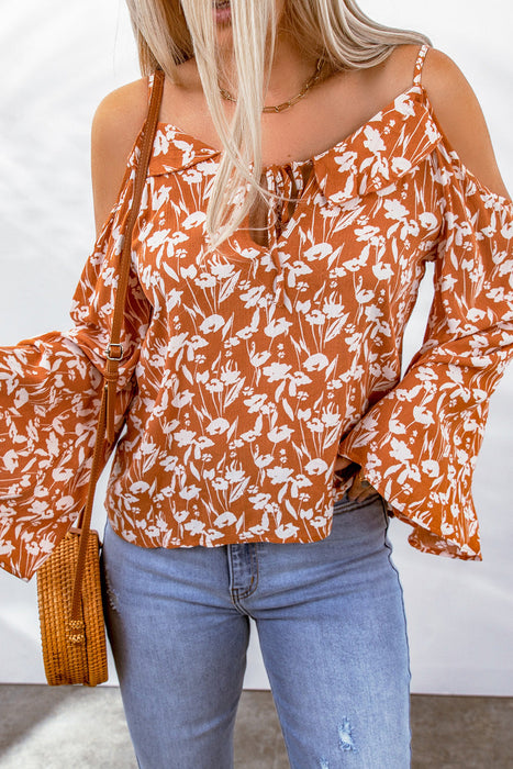 Color-Orange Tie Neck Cold Shoulder Flare Sleeve Floral Blouse-Fancey Boutique