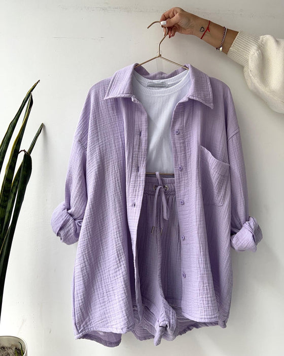 Color-Purple-Spring Summer Casual Solid Color Shirt Shorts Two Piece Set Women-Fancey Boutique