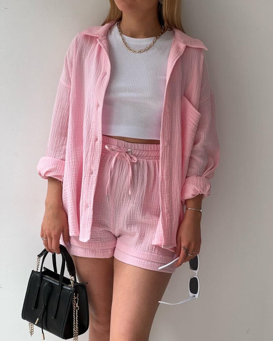 Color-Spring Summer Casual Solid Color Shirt Shorts Two Piece Set Women-Fancey Boutique