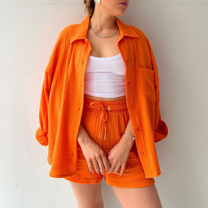 Color-Spring Summer Casual Solid Color Shirt Shorts Two Piece Set Women-Fancey Boutique