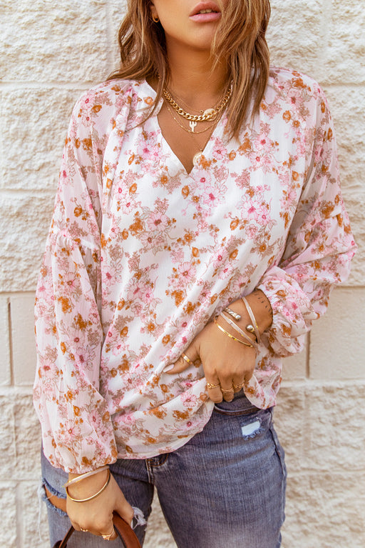 Color-Multicolor Floral Print V Neck Long Puff Sleeve Top-Fancey Boutique