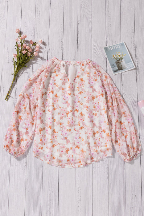 Color-Light pink-Multicolor Floral Print V Neck Long Puff Sleeve Top-Fancey Boutique