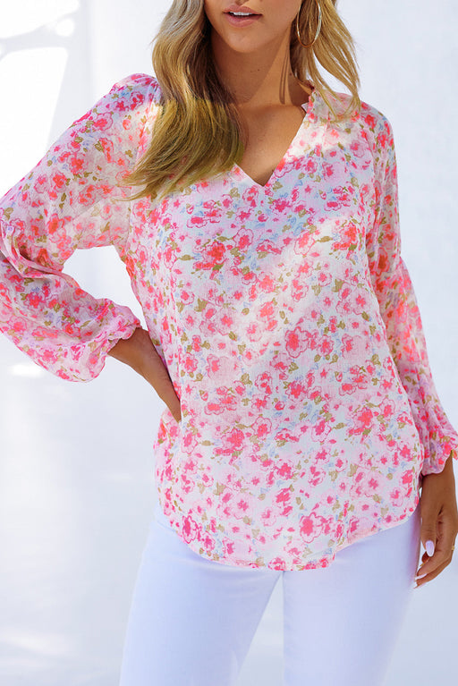 Color-Pink-Multicolor Floral Print V Neck Long Puff Sleeve Top-Fancey Boutique
