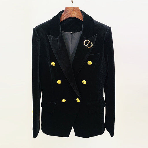 Color-Black-Goods Metal Lion Buckle Double Breasted Diamond Plaid Pleuche Blazer Coat-Fancey Boutique