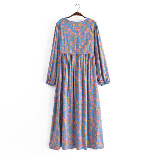 Color-Spring Summer Rayon Positioning Floral Tassel Long Sleeve Dress-Fancey Boutique