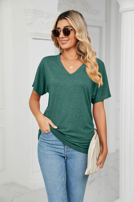 Color-Summer Casual Pullover V Neck Solid Color Loose T Shirt Women Top-Fancey Boutique