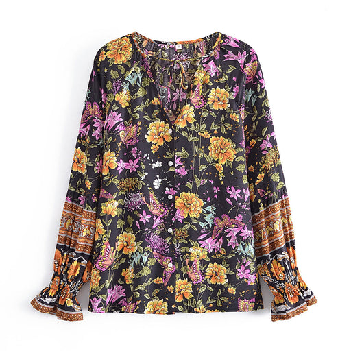 Color-Women Clothing Vintage Loose Collared Long Sleeves Floral Print Shirt-Fancey Boutique