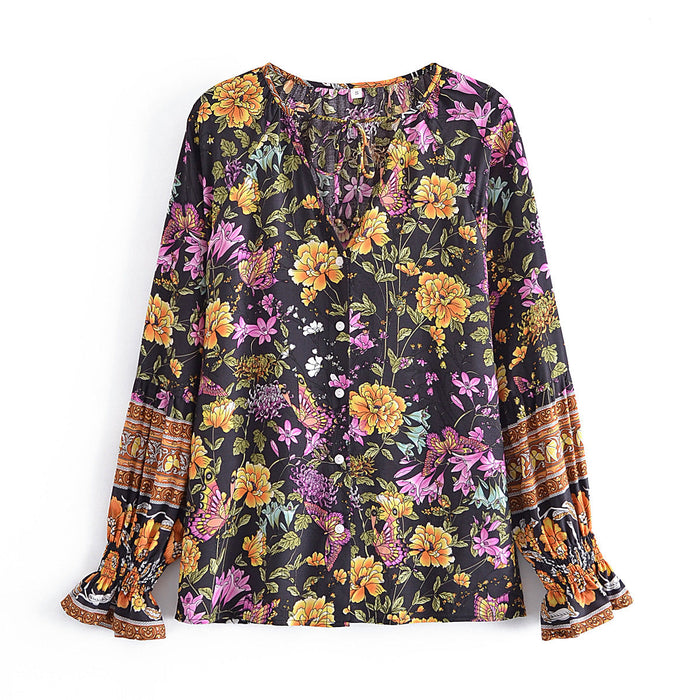 Color-Multi-Women Clothing Vintage Loose Collared Long Sleeves Floral Print Shirt-Fancey Boutique