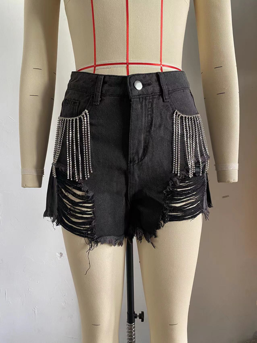 Color-Women Clothing Arrival Casual Chain Tassel Ripped Denim Shorts-Fancey Boutique