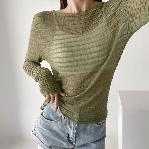 Color-Women Clothing Autumn Simple Long Sleeve Tight Translucent Texture Sweater-Fancey Boutique