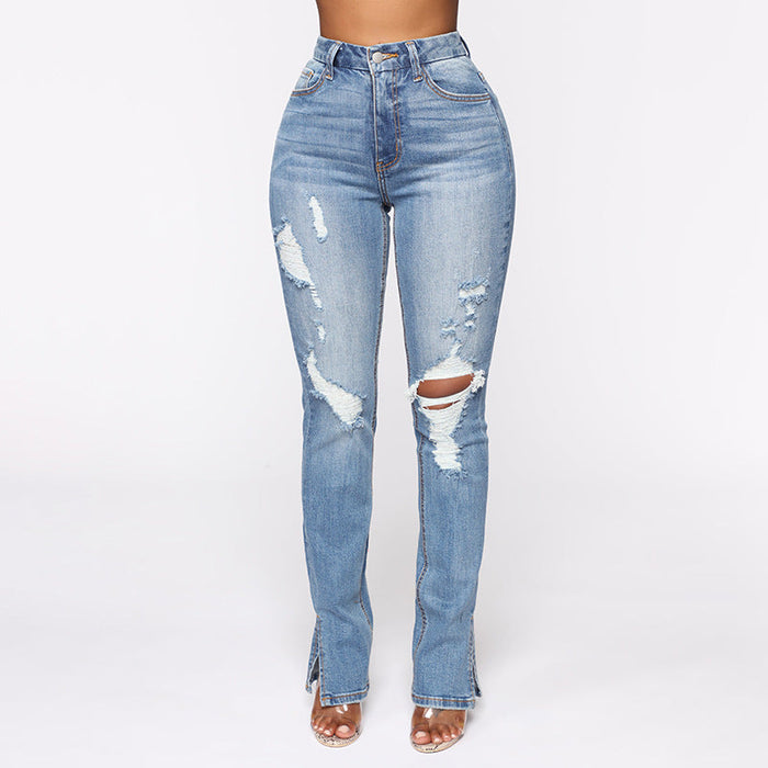 Color-Split Jeans Women Arrival Blue Washed Ripped High Waist Stretch Jeans-Fancey Boutique
