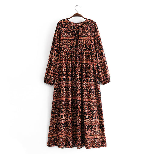Color-Bohemian Vacation Positioning Printing Loose Big Hem Long Sleeve Dress Long-Fancey Boutique