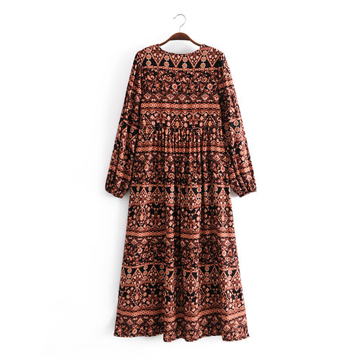 Color-Bohemian Vacation Positioning Printing Loose Big Hem Long Sleeve Dress Long-Fancey Boutique