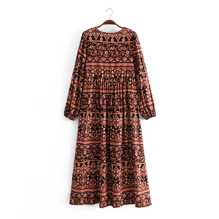 Color-Bohemian Vacation Positioning Printing Loose Big Hem Long Sleeve Dress Long-Fancey Boutique