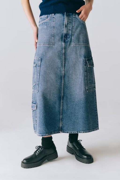 Color-Personalized Street Skirt Spring High Waist Pocket Stitching Hem Loose Denim Skirt for Women-Fancey Boutique