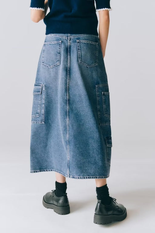 Color-Personalized Street Skirt Spring High Waist Pocket Stitching Hem Loose Denim Skirt for Women-Fancey Boutique