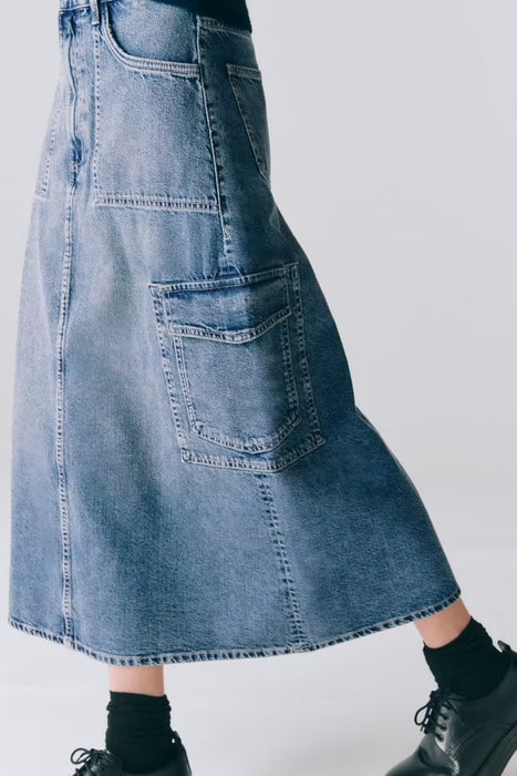 Color-Personalized Street Skirt Spring High Waist Pocket Stitching Hem Loose Denim Skirt for Women-Fancey Boutique