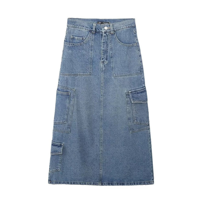 Color-Blue-Personalized Street Skirt Spring High Waist Pocket Stitching Hem Loose Denim Skirt for Women-Fancey Boutique