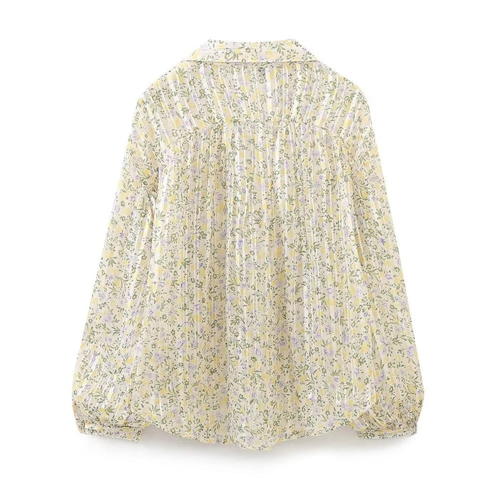 Color-Summer Polo Collar Design Lantern Sleeve Loose Top Floral Print Shirt-Fancey Boutique
