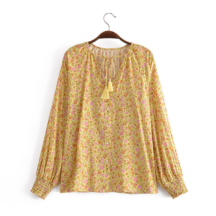 Color-F00173713 Spring Summer Pastoral Yellow Printings V neck Lace up Sleeve Shirt Women-Fancey Boutique