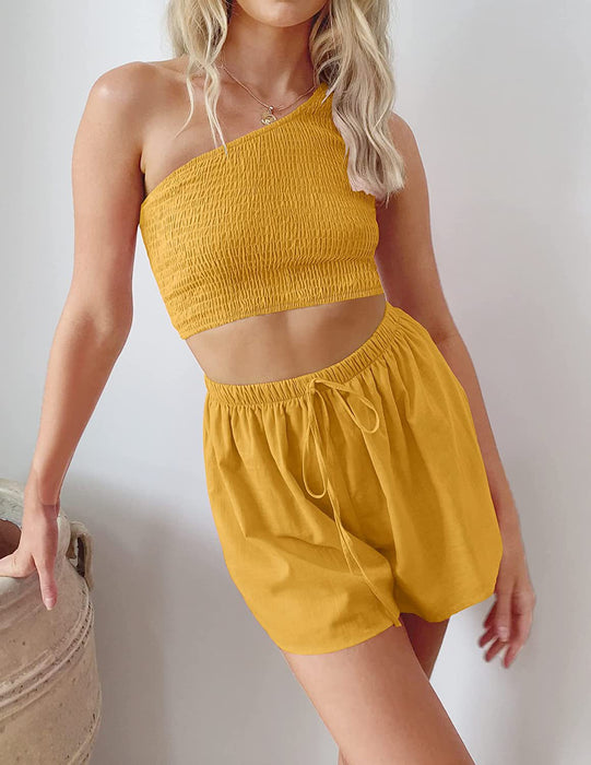 Color-Women One Shoulder Pleated Cropped Top Shorts Beach Two Piece Suit-Fancey Boutique