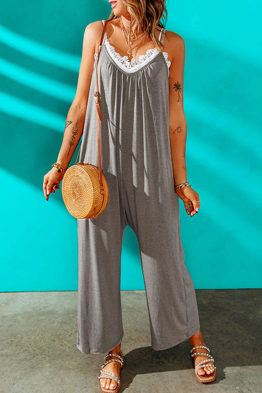 Color-Gray-Gray Spaghetti Straps Wide Leg Pocketed Jumpsuits-Fancey Boutique