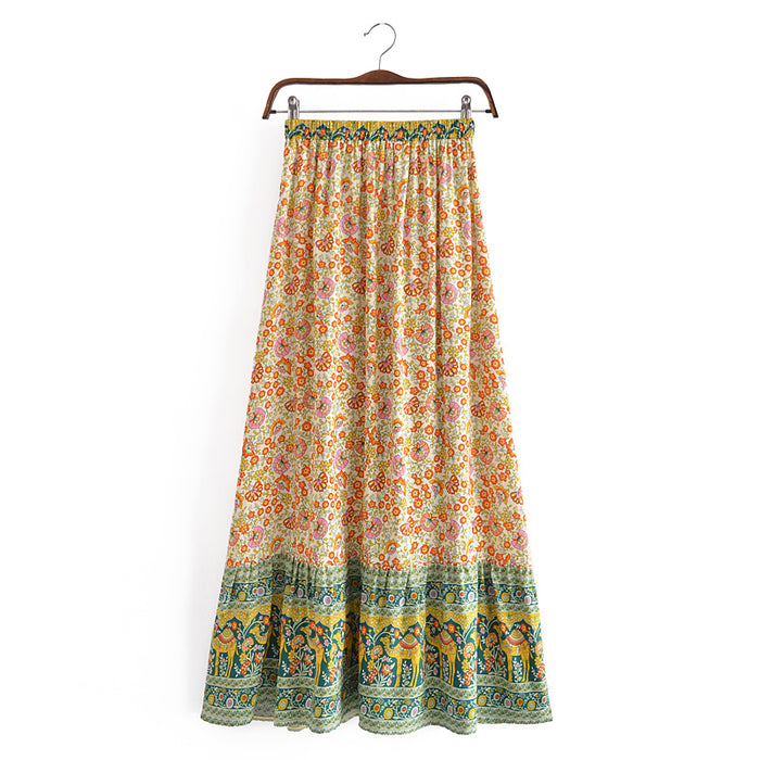 Color-Bohemian Vacation Rayon Positioning Printing Tassel Tied Elastic Waist Big Hem Skirt Beach Dress-Fancey Boutique