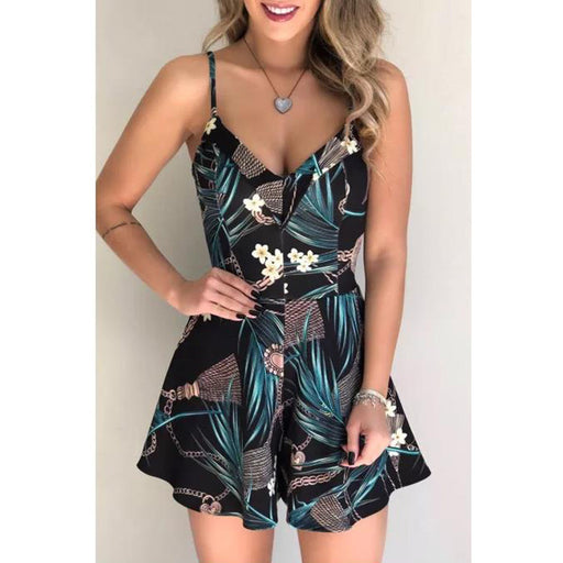 Color-Women Clothing Summer Floral Spaghetti Strap High Waist Short Flared Jumpsuit-Fancey Boutique