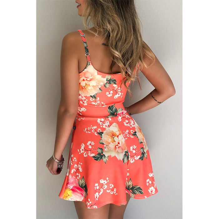 Color-Women Clothing Summer Floral Spaghetti Strap High Waist Short Flared Jumpsuit-Fancey Boutique