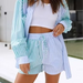 Color-Spring Women Clothing Light Blue Light Green Striped Two Piece Set Shirt-Fancey Boutique