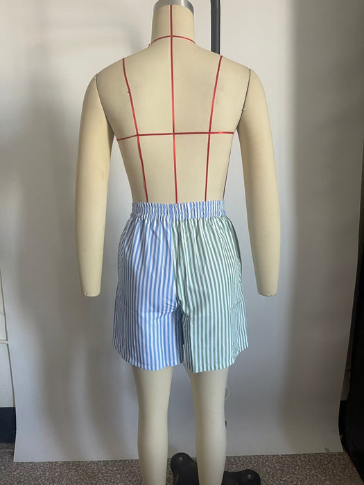 Color-Spring Women Clothing Light Blue Light Green Striped Two Piece Set Shirt-Fancey Boutique