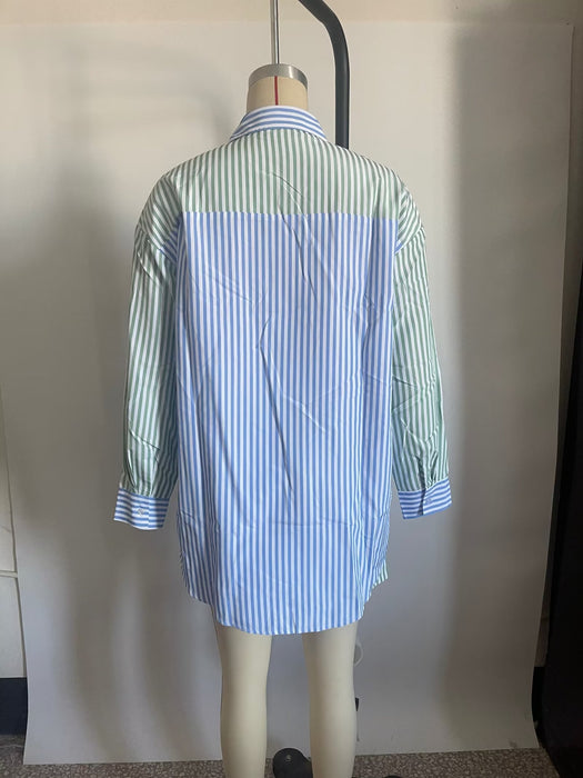 Color-Spring Women Clothing Light Blue Light Green Striped Two Piece Set Shirt-Fancey Boutique