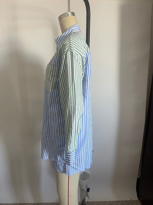 Color-Spring Women Clothing Light Blue Light Green Striped Two Piece Set Shirt-Fancey Boutique