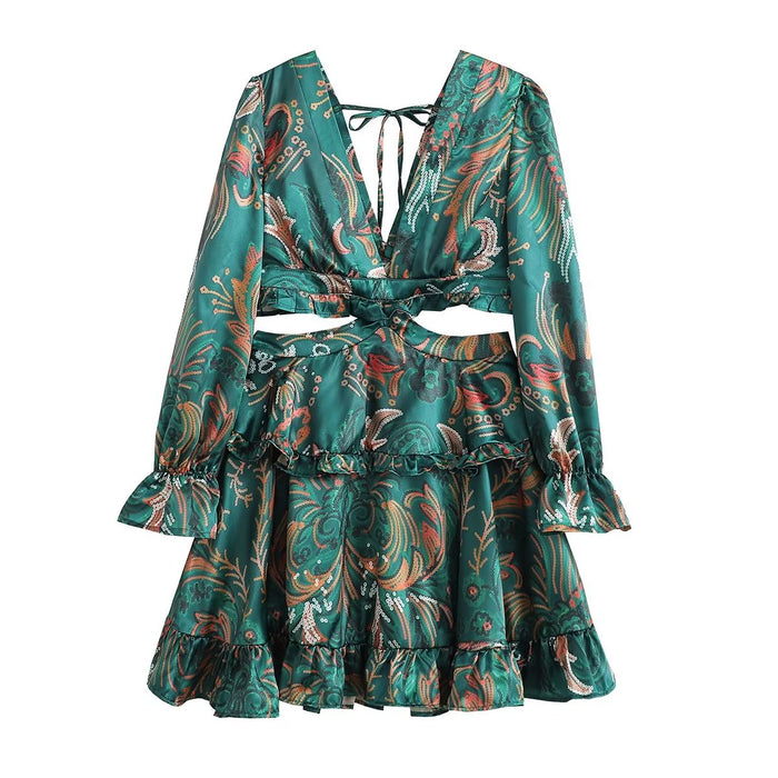 Color-Green-Women Spring Satin Printed Skirt Two Piece Set Tie Ruffle-Fancey Boutique