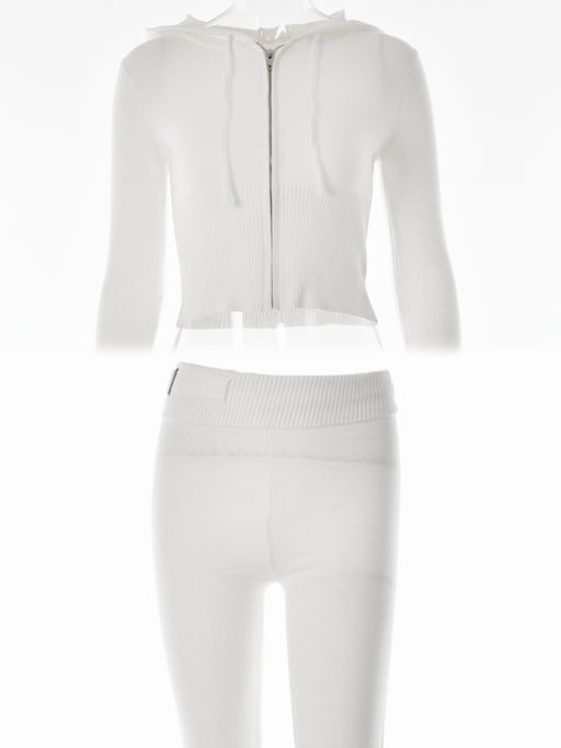 Color-White Suit-Knitted Hooded Women Sexy High Waist Long Sleeved Trousers Two Piece Set-Fancey Boutique