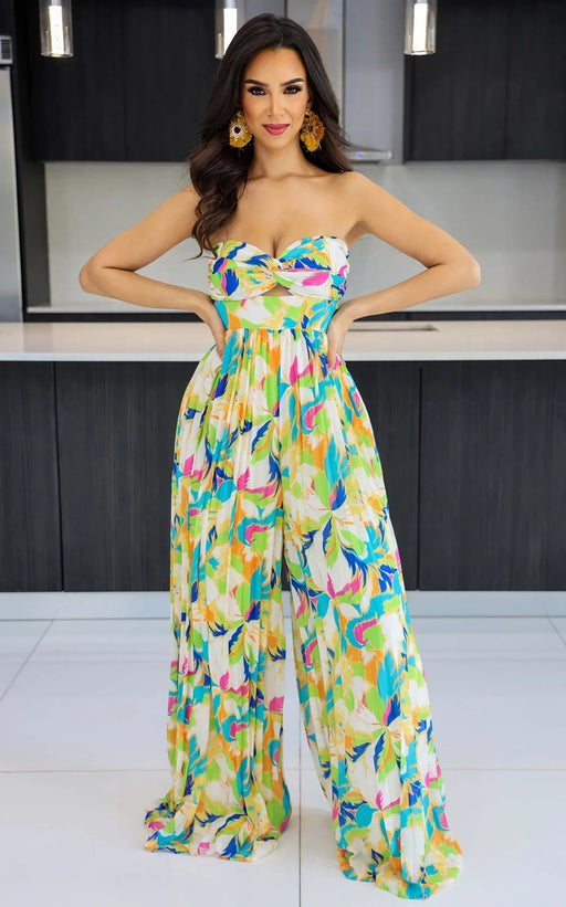 Color-Sleeveless Chest Wrapped Printed Trousers Summer High Waist Pleated Jumpsuit-Fancey Boutique