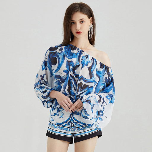 Color-Blue-Women Spring and Summer Elegant Socialite Off shoulder Long sleeved Top High Waist Printed Shorts Printed Two piece Set-Fancey Boutique
