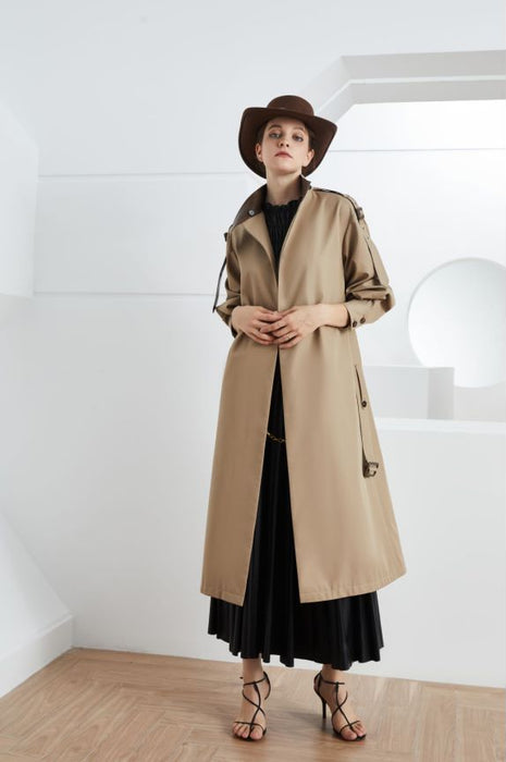 Color-Element Autumn Gracekelly Leather Patchwork Two Color Simple Graceful Elegant Lengthened Trench Coat-Fancey Boutique