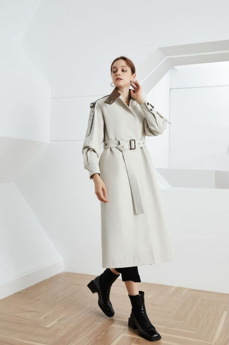 Color-Element Autumn Gracekelly Leather Patchwork Two Color Simple Graceful Elegant Lengthened Trench Coat-Fancey Boutique